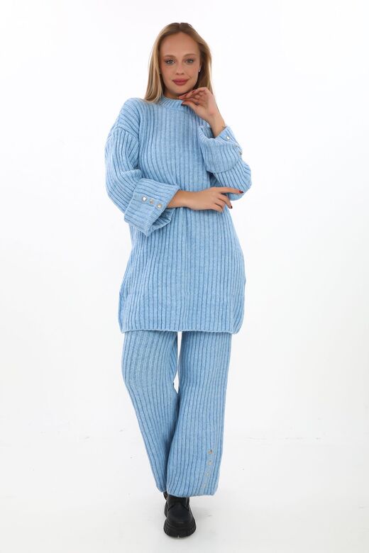 Oversize Uzun Kazak Düğme Detaylı Yumuşak  Geniş Paçalı Triko Tkım