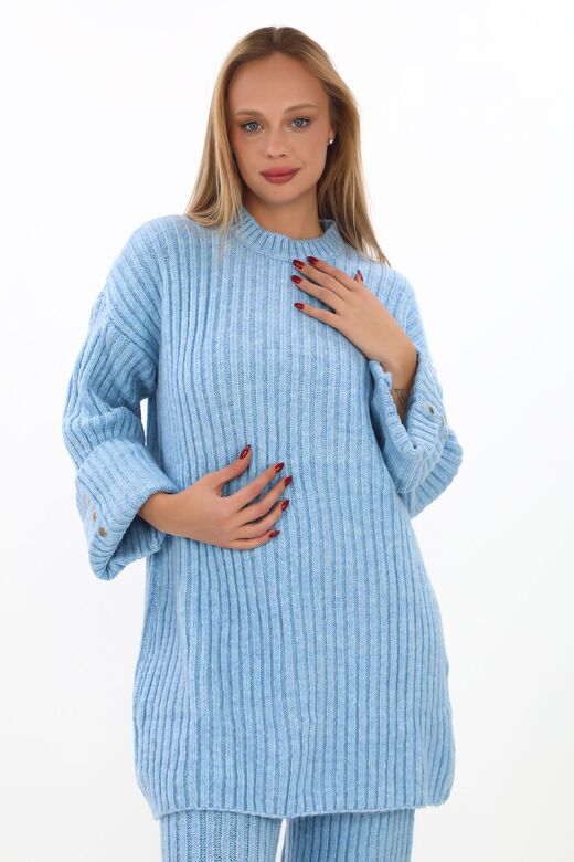 Oversize Uzun Kazak Düğme Detaylı Yumuşak  Geniş Paçalı Triko Tkım