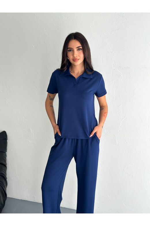 Polo Yaka Geniş Paça Modal Kumaş Kısa Kollu Eşofman Takım