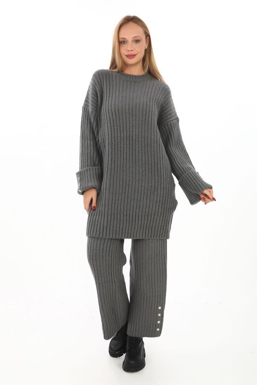Oversize Uzun Kazak Düğme Detaylı Yumuşak  Geniş Paçalı Triko Tkım
