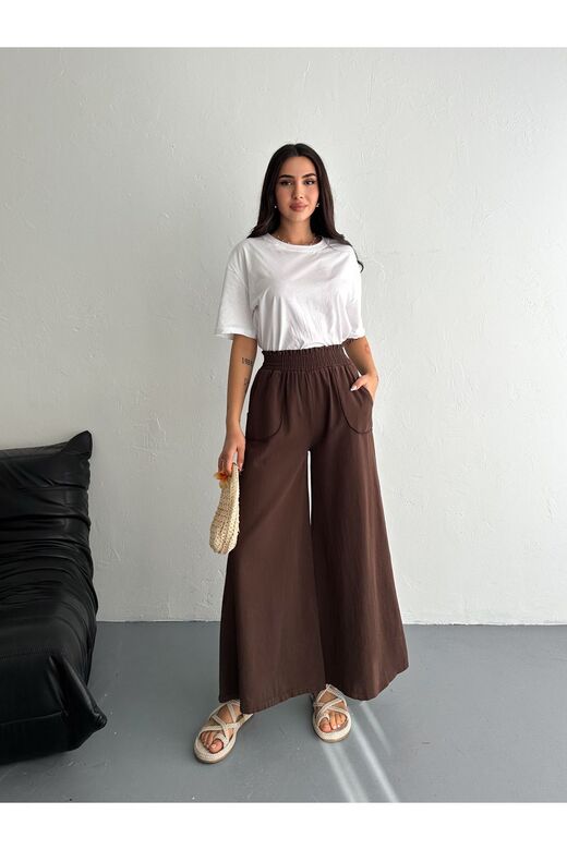Gabardin Kumaş Beli Lastikli Geniş Paça Pantolon