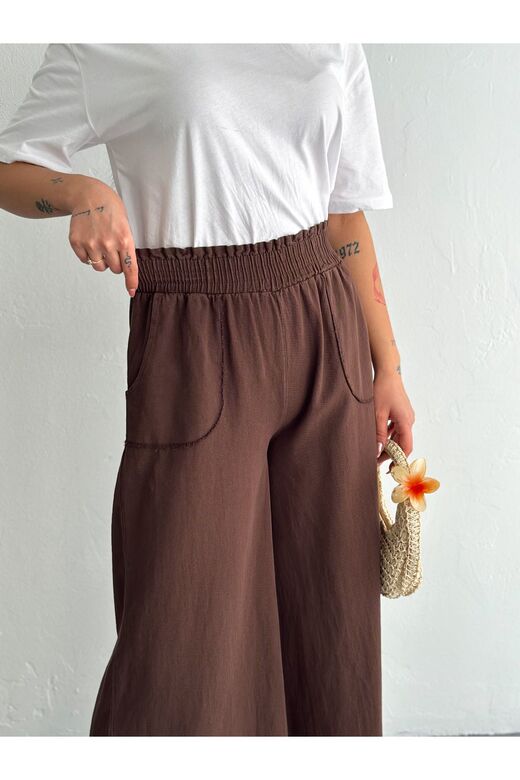 Gabardin Kumaş Beli Lastikli Geniş Paça Pantolon