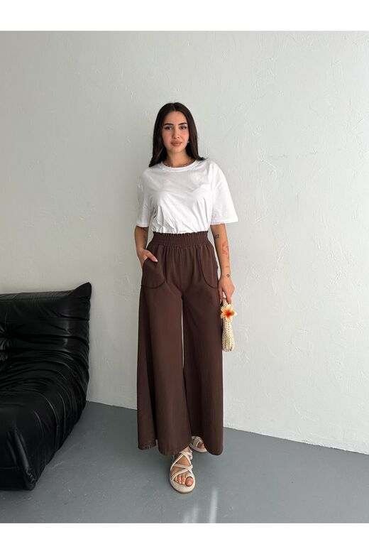 Gabardin Kumaş Beli Lastikli Geniş Paça Pantolon