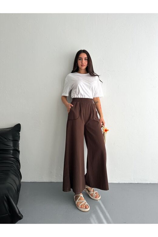 Gabardin Kumaş Beli Lastikli Geniş Paça Pantolon