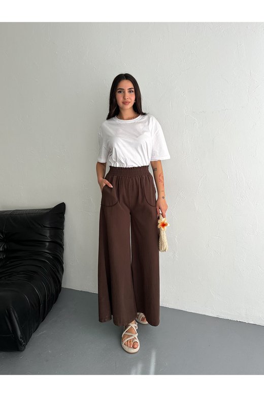 GABARDİN KUMAŞ BELİ LASTİKLİ GENİŞ PAÇA PANTOLON