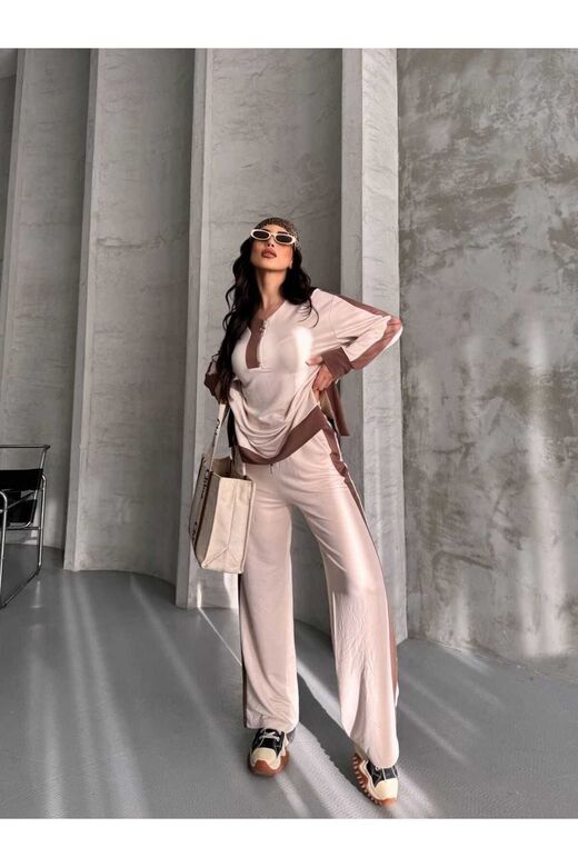 Garnili Oversize Yarım Fermuarlı Yırtmaç Detaylı Geniş Paça Modal Kumaş Eşofman Takım