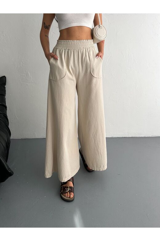 Gabardin Kumaş Beli Lastikli Geniş Paça Pantolon