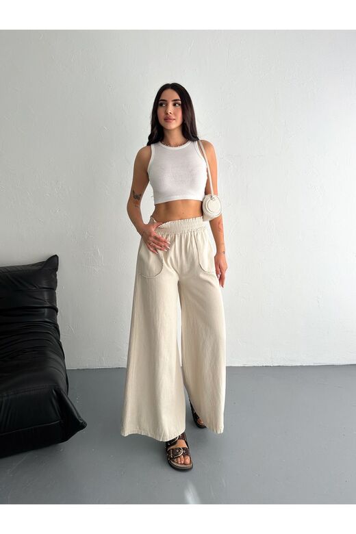 Gabardin Kumaş Beli Lastikli Geniş Paça Pantolon