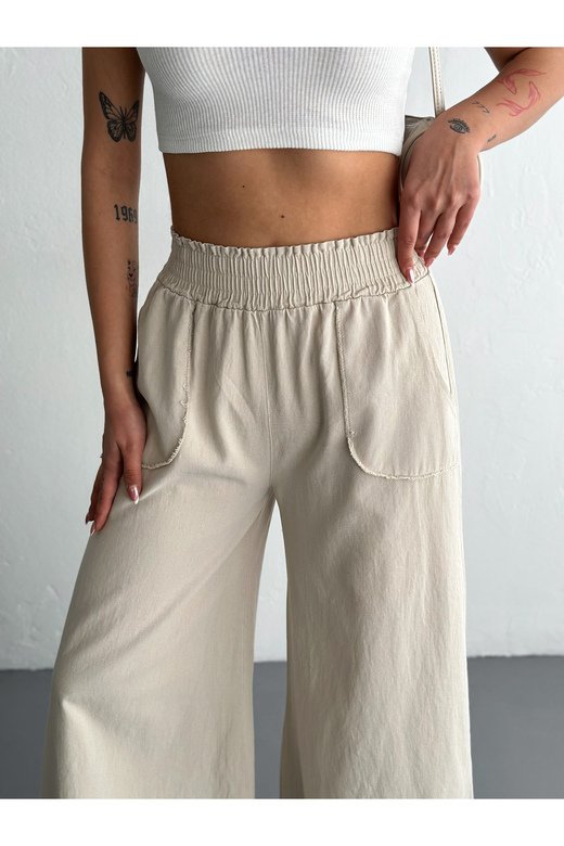 GABARDİN KUMAŞ BELİ LASTİKLİ GENİŞ PAÇA PANTOLON