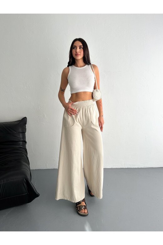 GABARDİN KUMAŞ BELİ LASTİKLİ GENİŞ PAÇA PANTOLON