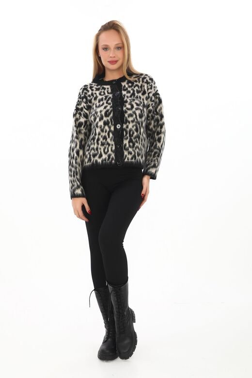 Leopar Desen Crop Düğmeli Yumuşak Triko Hırka