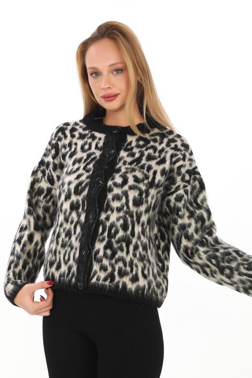 Leopar Desen Crop Düğmeli Yumuşak Triko Hırka