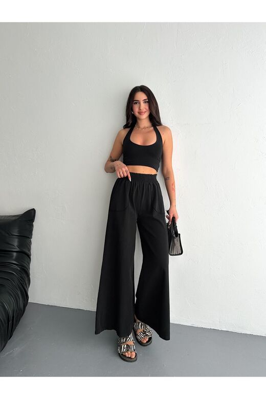 Gabardin Kumaş Beli Lastikli Geniş Paça Pantolon