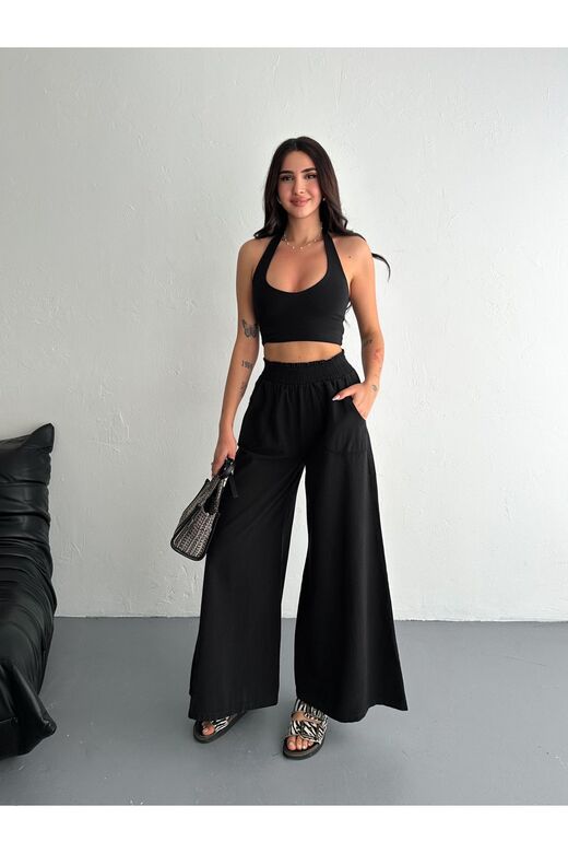 Gabardin Kumaş Beli Lastikli Geniş Paça Pantolon