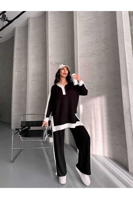Garnili Oversize Yarım Fermuarlı Yırtmaç Detaylı Geniş Paça Modal Kumaş Eşofman Takım