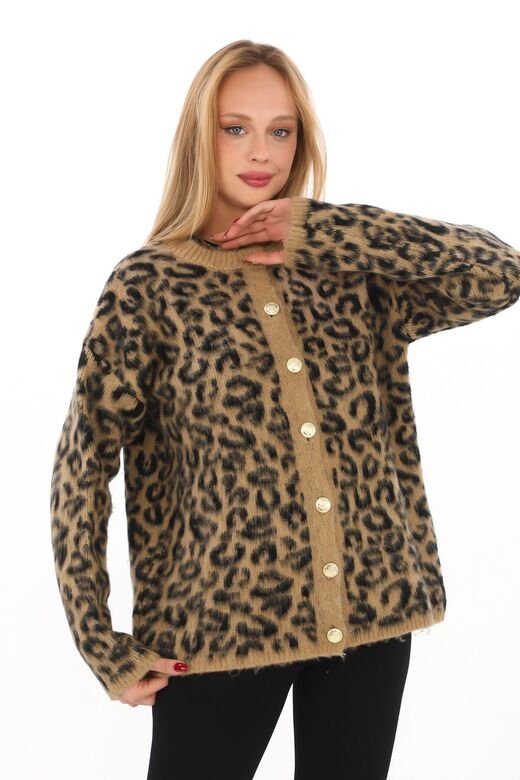 Leopar Desen Oversize Yumuşak Düğmeli Uzun Triko Hırka