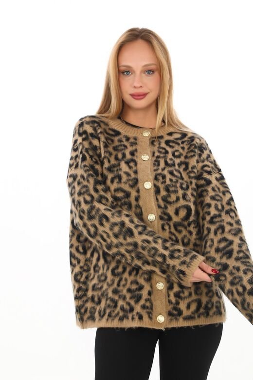 Leopar Desen Oversize Yumuşak Düğmeli Uzun Triko Hırka
