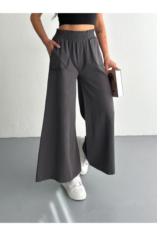 Gabardin Kumaş Beli Lastikli Geniş Paça Pantolon