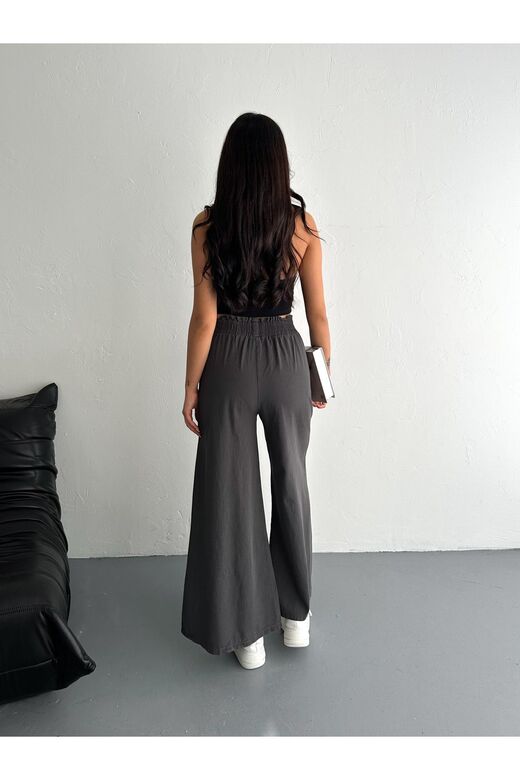 Gabardin Kumaş Beli Lastikli Geniş Paça Pantolon