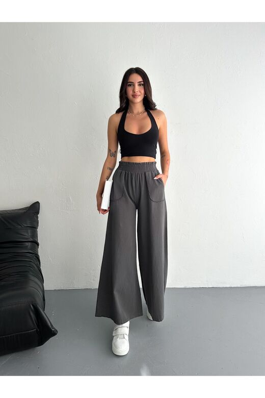 Gabardin Kumaş Beli Lastikli Geniş Paça Pantolon