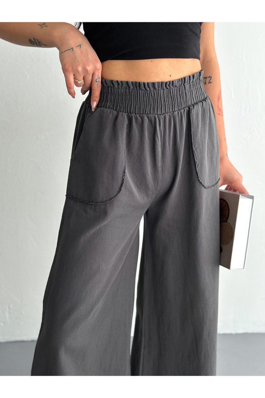 GABARDİN KUMAŞ BELİ LASTİKLİ GENİŞ PAÇA PANTOLON