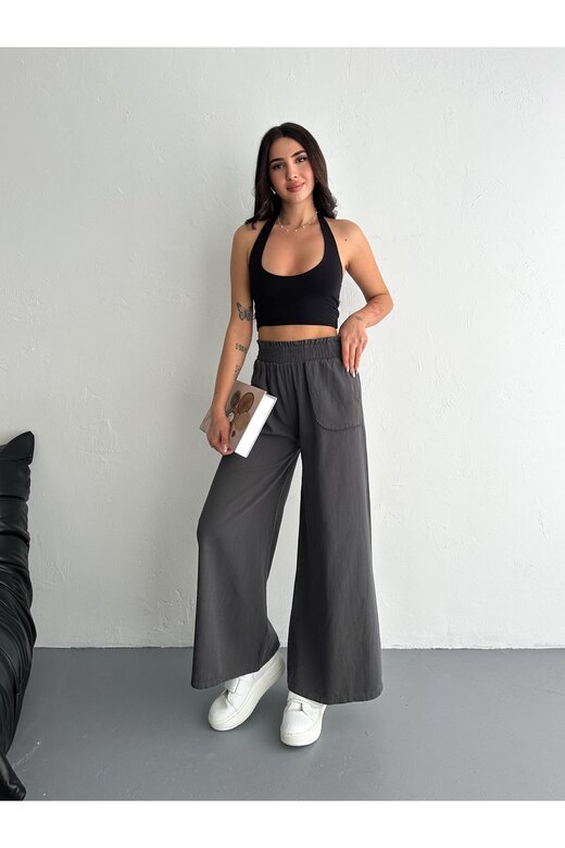 GABARDİN KUMAŞ BELİ LASTİKLİ GENİŞ PAÇA PANTOLON