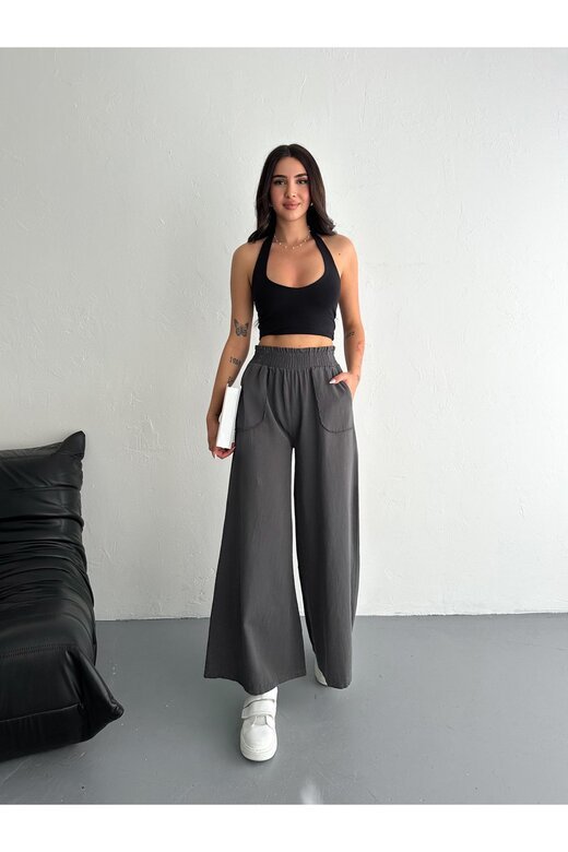 GABARDİN KUMAŞ BELİ LASTİKLİ GENİŞ PAÇA PANTOLON