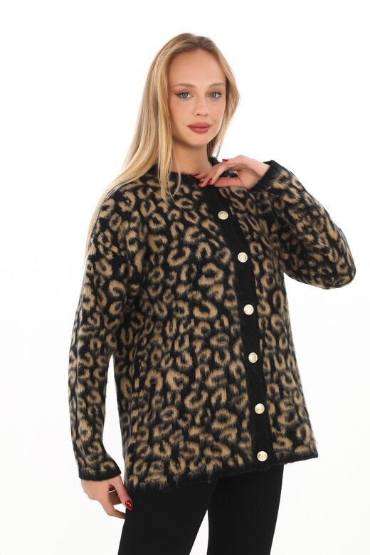 Leopar Desen Oversize Yumuşak Düğmeli Uzun Triko Hırka