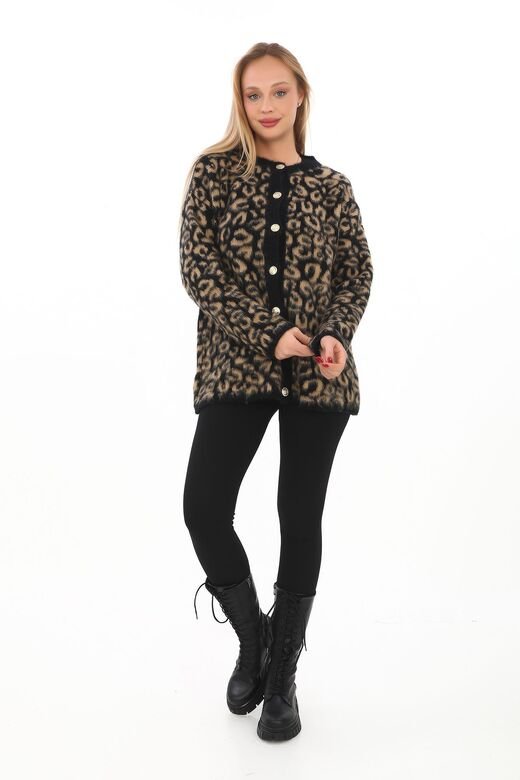 Leopar Desen Oversize Yumuşak Düğmeli Uzun Triko Hırka
