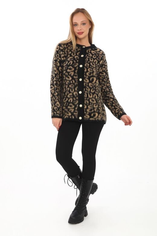 Leopar Desen Oversize Yumuşak Düğmeli Uzun Triko Hırka