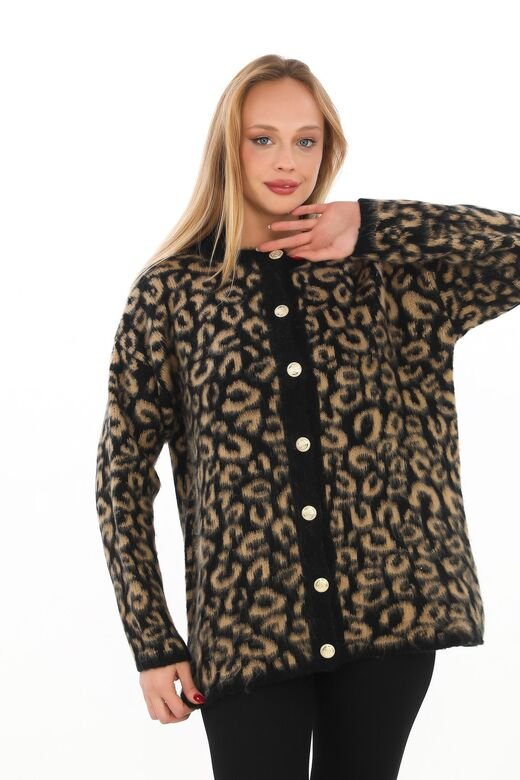 Leopar Desen Oversize Yumuşak Düğmeli Uzun Triko Hırka
