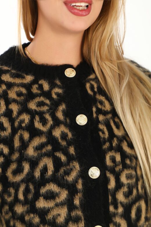 Leopar Desen Oversize Yumuşak Düğmeli Uzun Triko Hırka