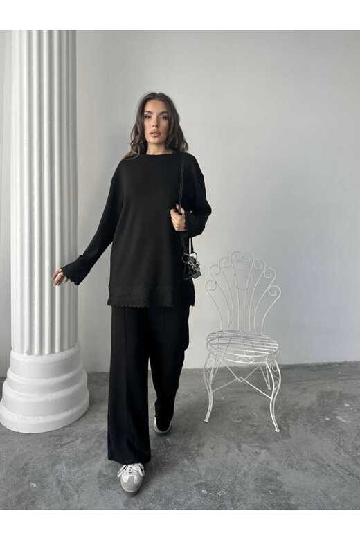 Dantel Detaylı Oversize Geniş Paça Modal Kumaş Eşofman Takım