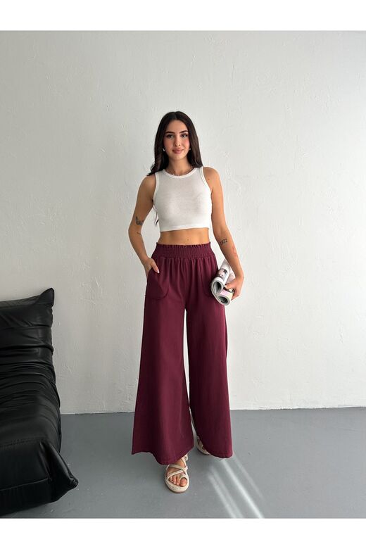 Gabardin Kumaş Beli Lastikli Geniş Paça Pantolon