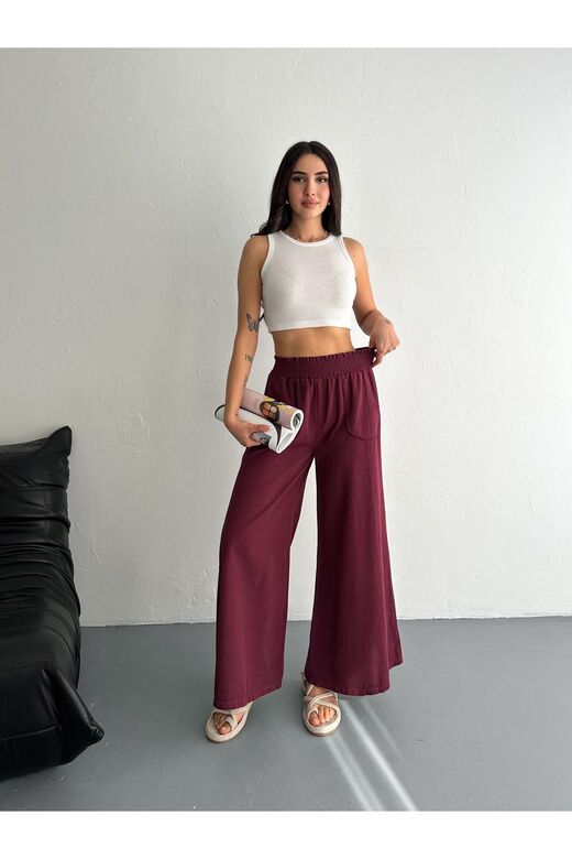 Gabardin Kumaş Beli Lastikli Geniş Paça Pantolon