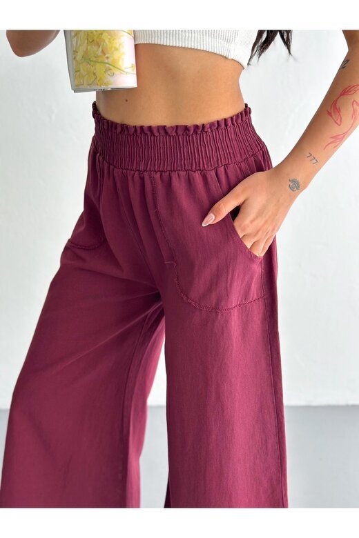GABARDİN KUMAŞ BELİ LASTİKLİ GENİŞ PAÇA PANTOLON