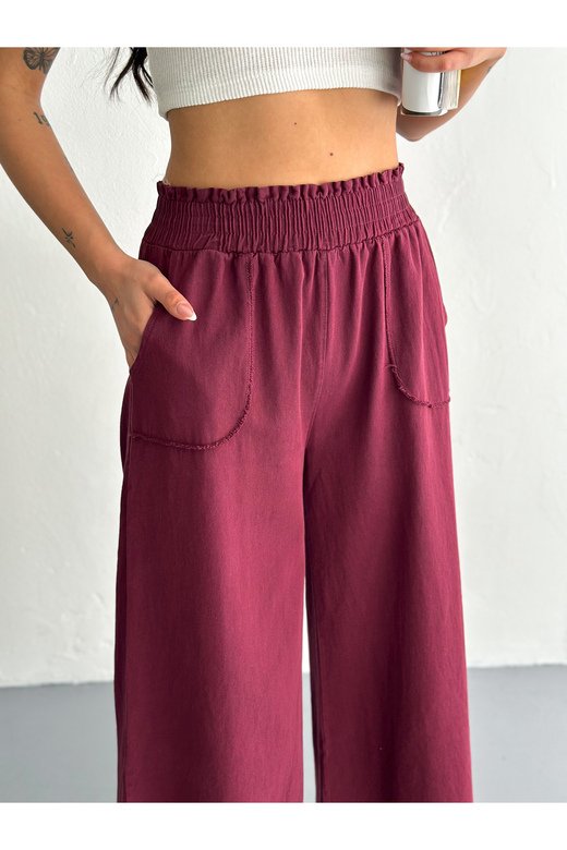 GABARDİN KUMAŞ BELİ LASTİKLİ GENİŞ PAÇA PANTOLON