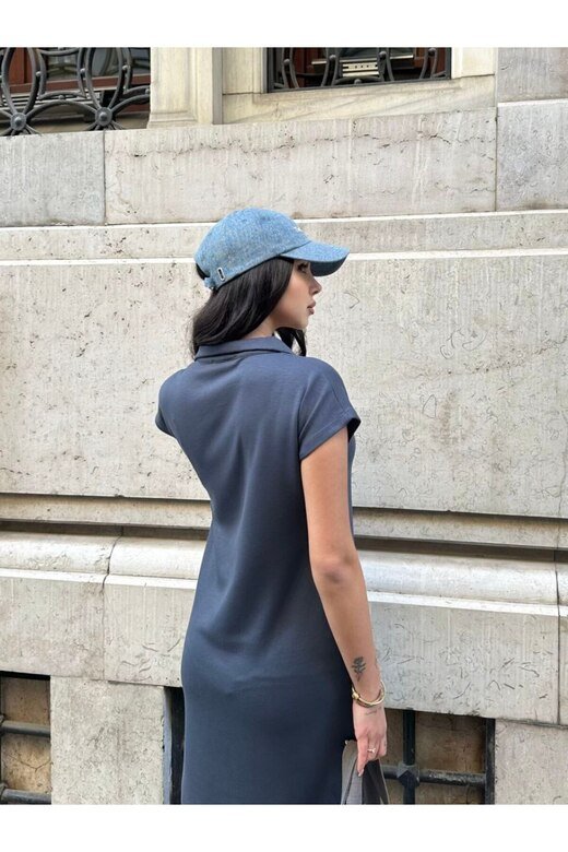 Polo yaka cepli önü çımalı elbise