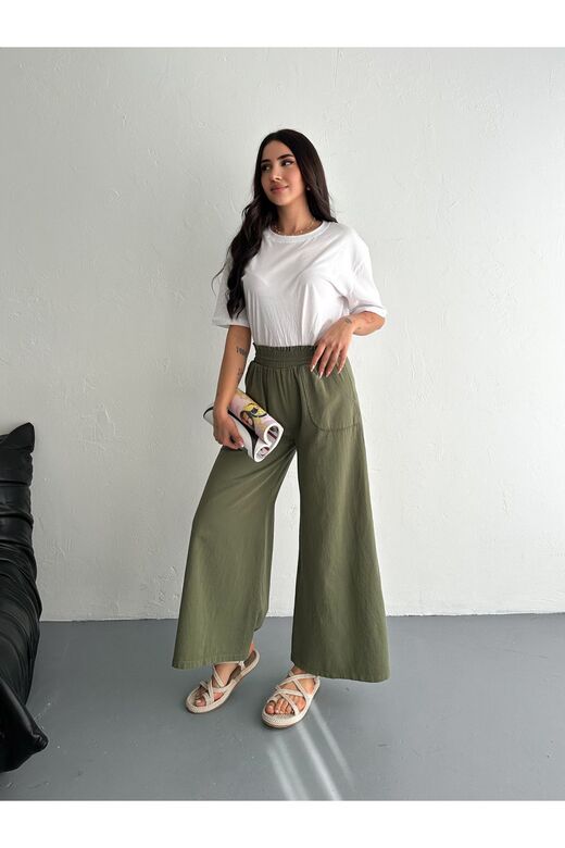 Gabardin Kumaş Beli Lastikli Geniş Paça Pantolon