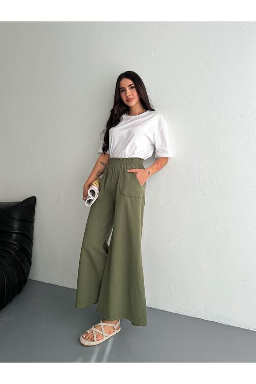 Gabardin Kumaş Beli Lastikli Geniş Paça Pantolon