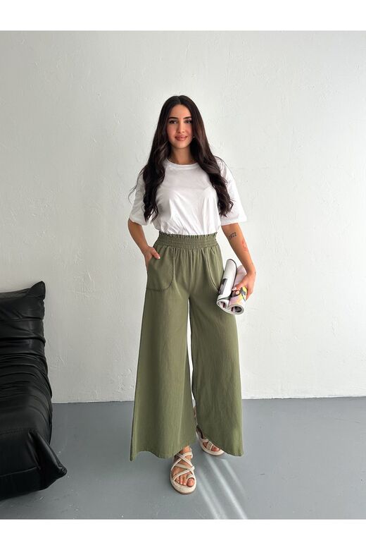 Gabardin Kumaş Beli Lastikli Geniş Paça Pantolon