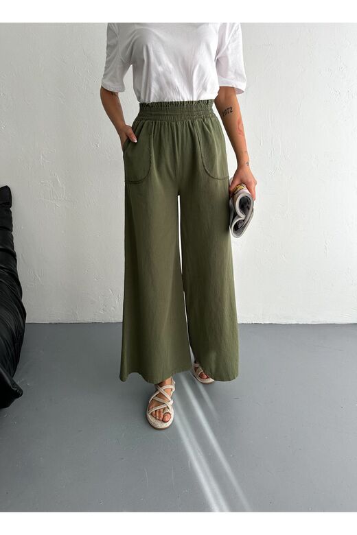 Gabardin Kumaş Beli Lastikli Geniş Paça Pantolon