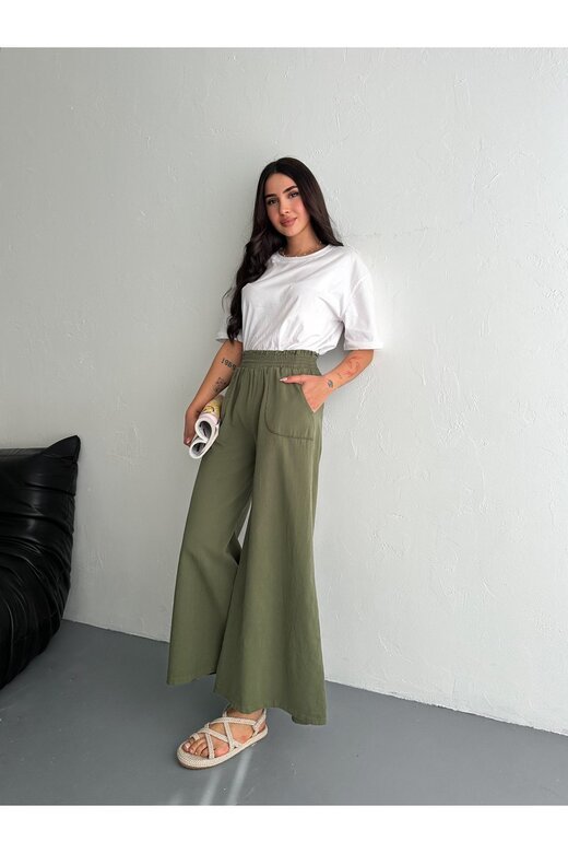 GABARDİN KUMAŞ BELİ LASTİKLİ GENİŞ PAÇA PANTOLON