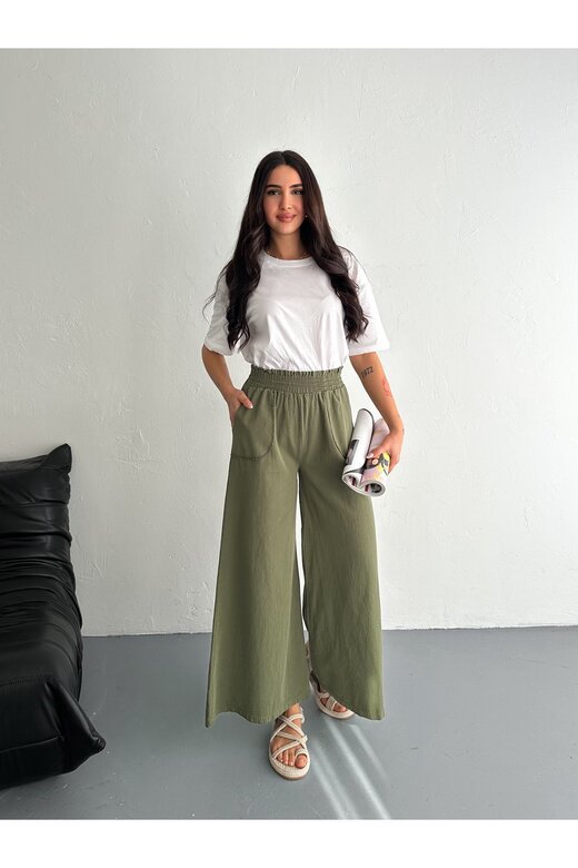 GABARDİN KUMAŞ BELİ LASTİKLİ GENİŞ PAÇA PANTOLON