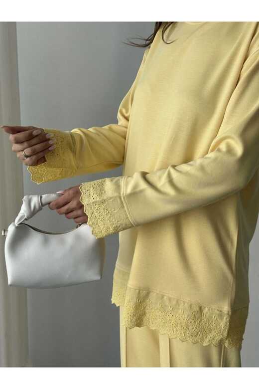 Dantel Detaylı Oversize Geniş Paça Modal Kumaş Eşofman Takım