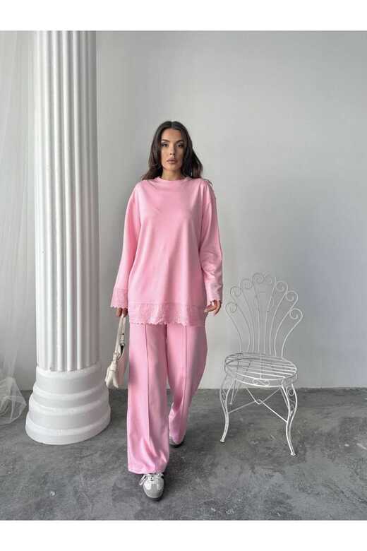 Dantel Detaylı Oversize Geniş Paça Modal Kumaş Eşofman Takım