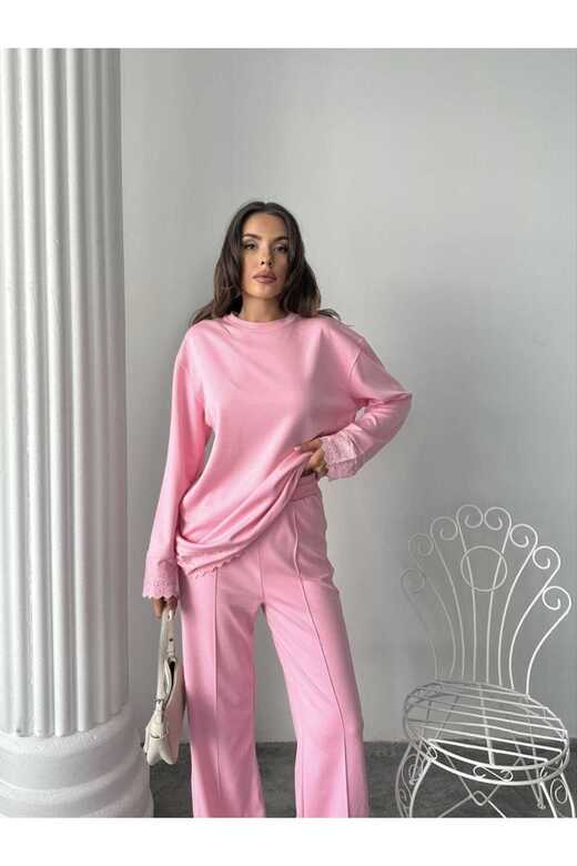 Dantel Detaylı Oversize Geniş Paça Modal Kumaş Eşofman Takım