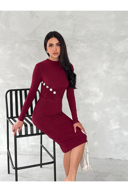 Düğme Detaylı Drapeli Büzgülü Sandy Kumaş Elbise