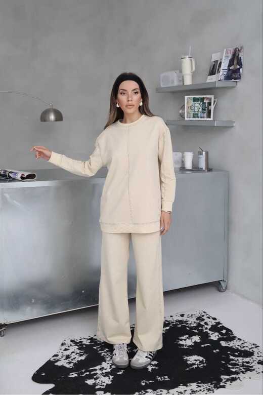 Dikiş Detaylı Geniş Paça 2 İplik Kumaş Eşofman Takım