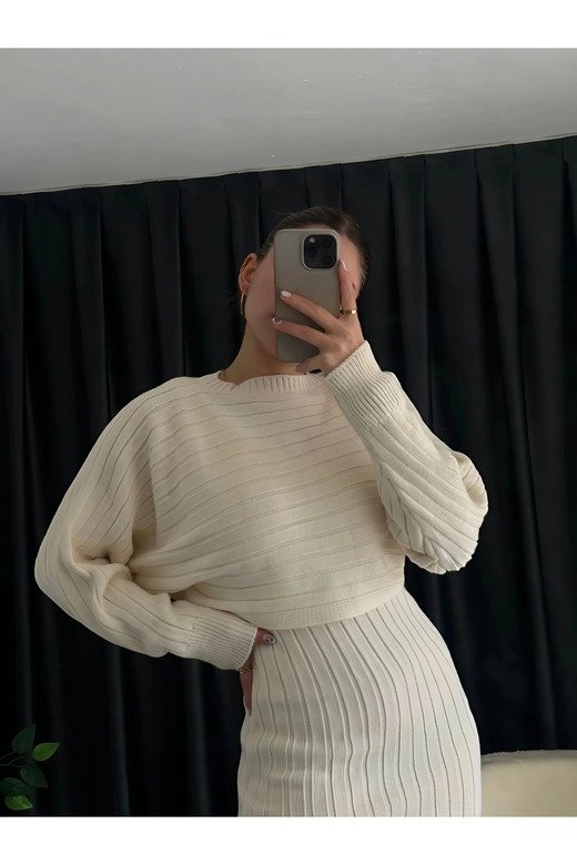 KADIN FİTİLİ YUMUŞAK TRİKO KUMAŞ ASKILI OVERSIZE ELBİSE CROP KAZAK 2 Lİ  TAKIM